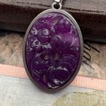 Vintage Purple Rose Pendant Necklace 60s Carved Resin Stainless Chain Photo 3