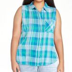 Time & Tru Blue Green Plaid Sleeveless Button Down Tank Top Cotton Blouse Sz M Size M Photo 0