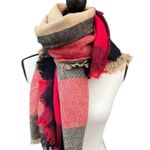 Oversized Plaid Fringe Warm Cozy Winter Fall Scarf Red Black Tan Photo 6