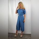 Walter Baker Off Shoulder Cropped Wide Leg Jumpsuit in Blue Size Extra Small Photo 1