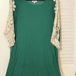 Umgee Green Gauzy Tunic Top w Flower Crochet Sleeves Fringe Hem Cottagecore Lg Photo 0