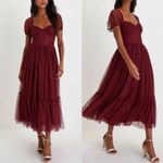 Lulus Sweet Amor Burgundy Tulle Swiss Dot Tiered Bustier Midi Dress Size M Photo 5