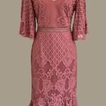 Lace Midi Dress | Mauve Pink Sheer Flutter Sleeves | Cocktail, Wedding Guest Size 6 Photo 0