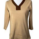 Ralph Lauren Lauren  Tan Brown Suede Trim V Neck Long Sleeve top Size Med Photo 2