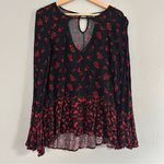 Mossimo Supply Co 🦋  Black Red Floral Flowy Blouse Holiday Christmas Medium Photo 0