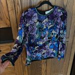 Black Tie Oleg Cassini sequin beaded blouse top VTG teal sparkle cocktail Large Blue Photo 5