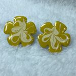Retro Pierced Earrings Yellow White Swirl Design Enamel Metal Photo 1