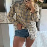 Nasty Gal Plaid Button-Down Shirt Beige Long Sleeve Women's Size 6 Casual Photo 1