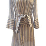 Moon River Striped Midi Dress Blue White Tie‎ Waist Long Sleeve Bell Sleeve Casual Photo 0