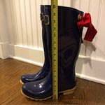 JOULES EVEDON Tall Navy Blue Rain Boots w Red Bow & Toile Lining Size 9 LIKE NEW Photo 3