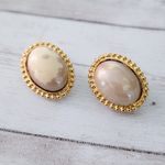 Vintage Clip On Earrings Oval Beige with Gold Tone Halo Photo 2