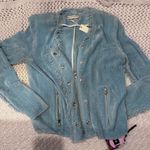 Lavender Brown New WOMENS  Sky Blue Frayed Cardigan shoulder pad small/Med Photo 7