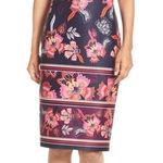 Eliza J  Floral Scuba Sheath Dress Navy Pink Size 10 V-Neck‎ Cap Sleeve Stretch Photo 0
