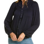 NWT Boden Rouched‎ Yoke Jersey Shirt Navy Blue Button Up Flowy Top US Size 12 Photo 0