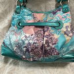 Kathy Van Zeeland  Turquoise‎ Patent Leather Multicolor Satin Fabric Shoulder Bag Photo 7