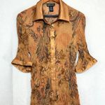 Russell Kemp Large Y2K Slinky Brown Paisley Print 3/4 Top Buttoned Stretch Satin Orange Photo 0