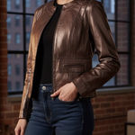 Bernardo  Bronze Metallic Zipper Leather‎ Jacket Womens Size Large Photo 0