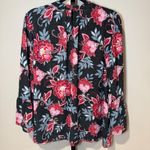 Loft  Floral Garden Bell Sleeve Blouse Mock Neck Black Pink Size XL Photo 3