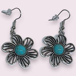None Faux turquoise boho flower fashion earrings, silver tone, NEW Photo 0