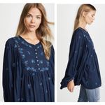 Free People NWT  Navy Blue Floral Embroidered Beaded Flowy Blouse Women's Small Photo 1