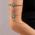 Bohemian Silvery Arm Chain With Green Turquoise Inlaid, Floral Pendant, Ethnic‎ Silver Photo 7