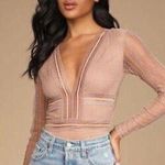 Lulus Bodysuit Casita Nude Sheer Lace Long Sleeve V Neck Open Back Medium NWOT Photo 0