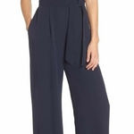 Eliza J  Wide Leg Jumpsuit Size 16 Navy Blue‎ V-Neck Tie Waist Evening Formal Photo 0