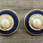 Vintage Navy Blue Gold Pearl Earrings Photo 0