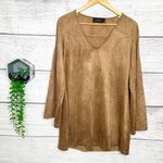 Mink Pink Tan Faux Suede Long Bell Sleeve Open Shoulder Mini Dress Size Medium Photo 14