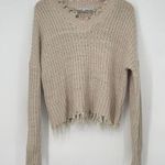 HYFVE Sweater Womens Small Beige Chunky Knit Frayed Hem V Neck Pullover Boho Photo 0