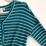 Good Luck Gem New Tie Hem Striped Top Button Down Long Sleeve Thermal Knit Teal Photo 6