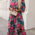 NEW Black & Bold Floral Print V Neck High Waist Long Lantern Sleeve Midi Dress Photo 3