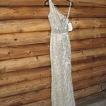 Mac Duggal  5687 SEQUINED ONE SHOULDER DRAPED LACE UP GOWN dress  Silver 8 Photo 6