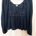 Main Strip Lace Babydoll Peasant Blouse Size M Black Boho Witchy Dark Cottage Photo 3