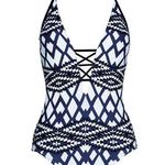 Seafolly Australia Blue White Black Modern Tribe Deep V Neck Maillot One Piece Photo 0