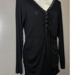 Love NY LA Top Womens Large Black Long Sleeve V Neck Lace Up Eyelet Ruched Shirt Photo 1