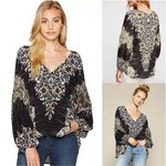Free People  Birds of a Feather Black Combo Balloon Sleeve Peasant Top Small Boho Photo 1