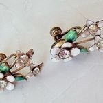 Vintage Flower Rhinestone Pink Flower Screwback Pierceless Statement Earrings Green Photo 1
