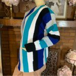 HANDMADE BLUE, BLACK, GRAY AND WHITE STRIPED CROCHET CARDIGAN (L) Blue Size L Photo 5