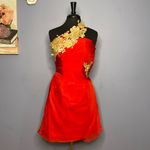 BRIDESS One Shoulder Pageant Prom Cocktail Dress w/ Gold Embroidery Size 4 Red Photo 1