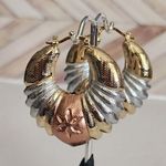 Boutique Tricolor Gold Chunky Hoop Earrings Greek Key Photo 0