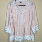 Chelsea & Theodore Woman Boho Cottagecore Striped Pink White Lace Crochet Blouse Size 2X Photo 0