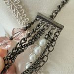 Chunky Silver Chain Faux Pearl & Rhinestone Bow Multi Strand Necklace Y2K Photo 3