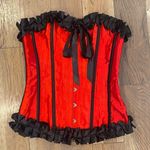 None Ruby Red Steel Bonded Satin Ribbon Overbust Ruffle Waist Trainer Corset … Photo 5