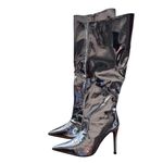 Arqa Knee Silver Metallic High Boots Women Wide Calf Stiletto Heel Zipper 8.5 39 Size undefined Photo 3