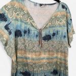 Vintage Y2K Paisley Keyhole Tie Front Tee – Boho 3X Frilly Trim (Sz 3X) Blue Photo 3
