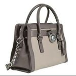 Michael Kors Taupe and Gray Leather Hamilton Silver Lock Satchel Large Handbag Photo 1