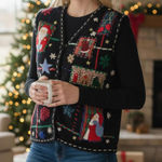 Erika Vintage Christmas Themed Sweater Vest Small Medium Santa Snowflake Black Photo 0
