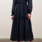 Moon River Navy Polka Dot Midi Dress Small Sheer Long Sleeve Ruffle Tie Belt Photo 0