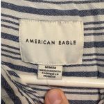 American Eagle  Button Up Short Sleeve Shirt Linen Blend Stripe Navy White Medium Photo 2